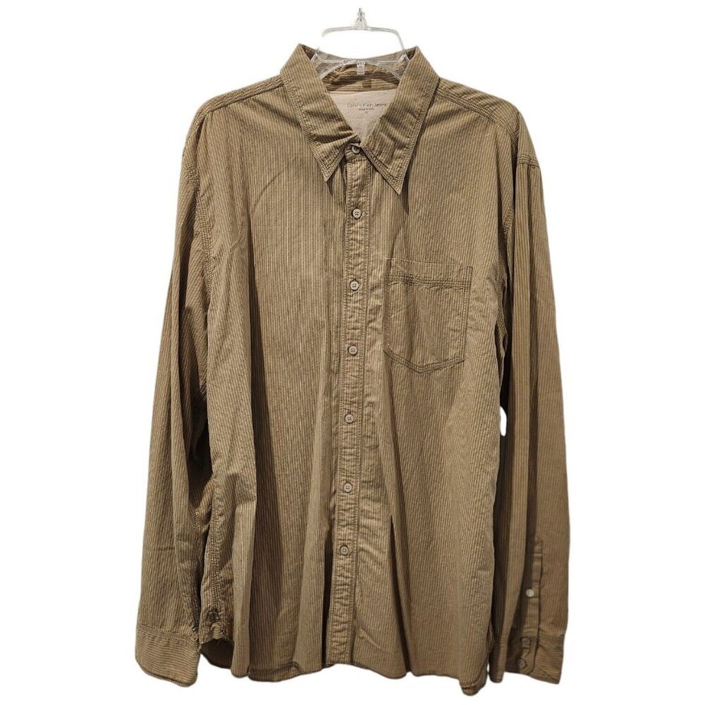 🪻BOGO🪻 CALVIN KLEIN JEANS 100%‎ Cotton Tan Long Sleeve Button Down Shirt XL